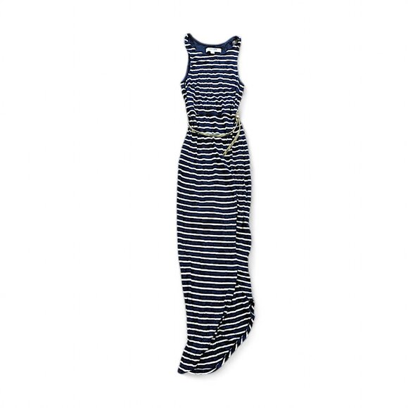 Size 0 Ever New Maxi  Tank Dress Belted Asymmetric Hem Striped Blue White Women - Picture 1 of 4